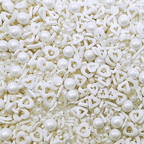 White Heart and Pearl Sprinkles White Edible Pearls Heart Confetti Sprinkles Christmas Cookie Decorations Edible Sugar Pearls for Cakes,Cupcakes Toppers Baby Shower Wedding Supplies 3.35 OZ with Tweezers