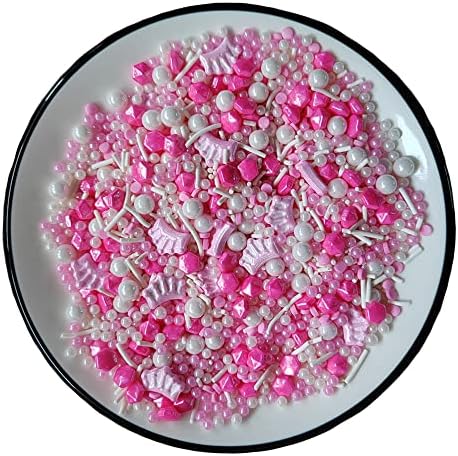 Edible Pink Crown Pearl Sugar Sprinkles Candy Mix Size Baking Edible Cake Decorations Cupcake Toppers Cookie Decorating Wedding Party Valentine Halloween Christmas Supplies 100g/3.53oz