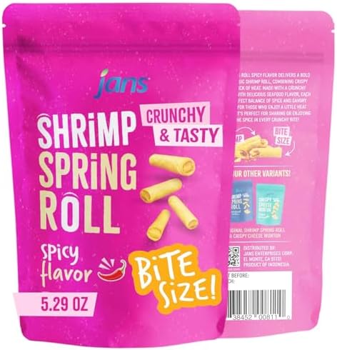 Jans Crispy Asian Snacks Bites, 5.29 oz Resealable Snack Bag (6-Pack, Spicy Shrimp Spring Roll)