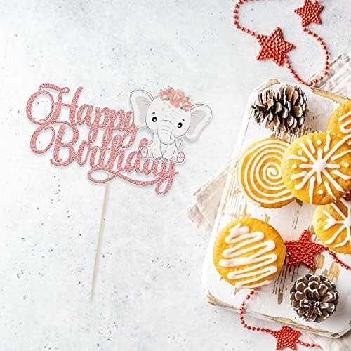 Gyufise Pink Elephant Happy Birthday Cake Topper - 1Pc Rose Gold Glitter Decorations for Baby Shower, Kids Girls Birthday Party Supplies