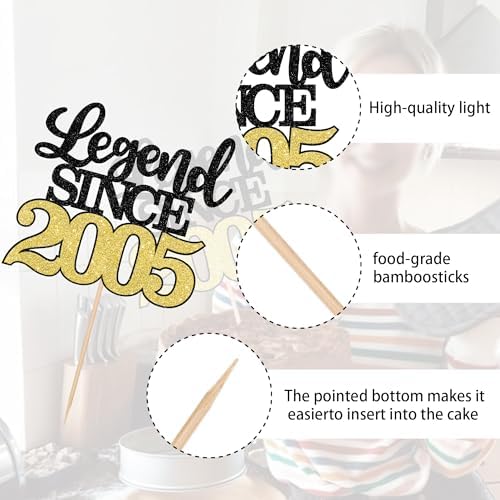 1 PCS Legend Since 2005 Cake Topper Black Gold Glitter Twenty One Happy 21st Birthday Cake Pick Hello 21 Cheers to 21 Years Cake Decoration for 21st Birthday Anniversary Party Decorations Supplies