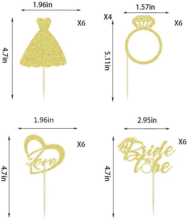 24 Pcs Bride to Be Cupcake Toppers Gold Glitter with Heart Ring Dress Bridal Shower Wedding Engagement Bachelorette Party Cake Decorations Supplies