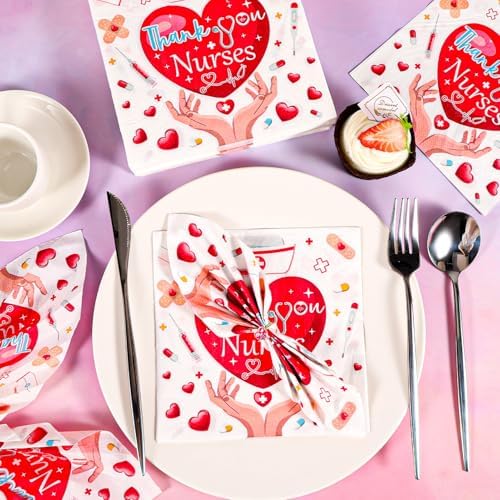 HOWAF 60pcs Nurse Appreciation Week Decoration Napkins, Thank You Nurses Disposable Paper Napkins Bulk for Medical Party, RN Party, Nurse Day, Happy Nurses Week Decorations