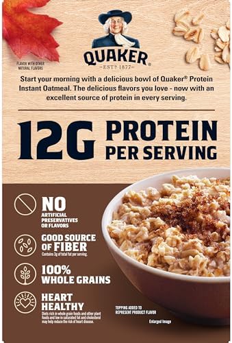 Quaker Protein Instant Oatmeal, Maple Brown Sugar, 12g Protein per Serving, Whole Grains, No Artificial Flavors, No Added Colors, 2.11 oz Packets, (6 Pack)