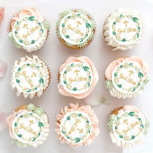 40 PCS Edible God Bless Cupcake Toppers Wafer Paper God Bless Cake Toppers Christian Theme Baby Shower Birthday Party Cake Decorations Supplies
