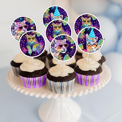 Cheereveal 36 Pieces Rainbow Cheetah Cupcake Toppers for Boys Girls - Leopard Print Cupcake Picks, Jungle Safari Animal Birthday Party Baby Shower Decorations