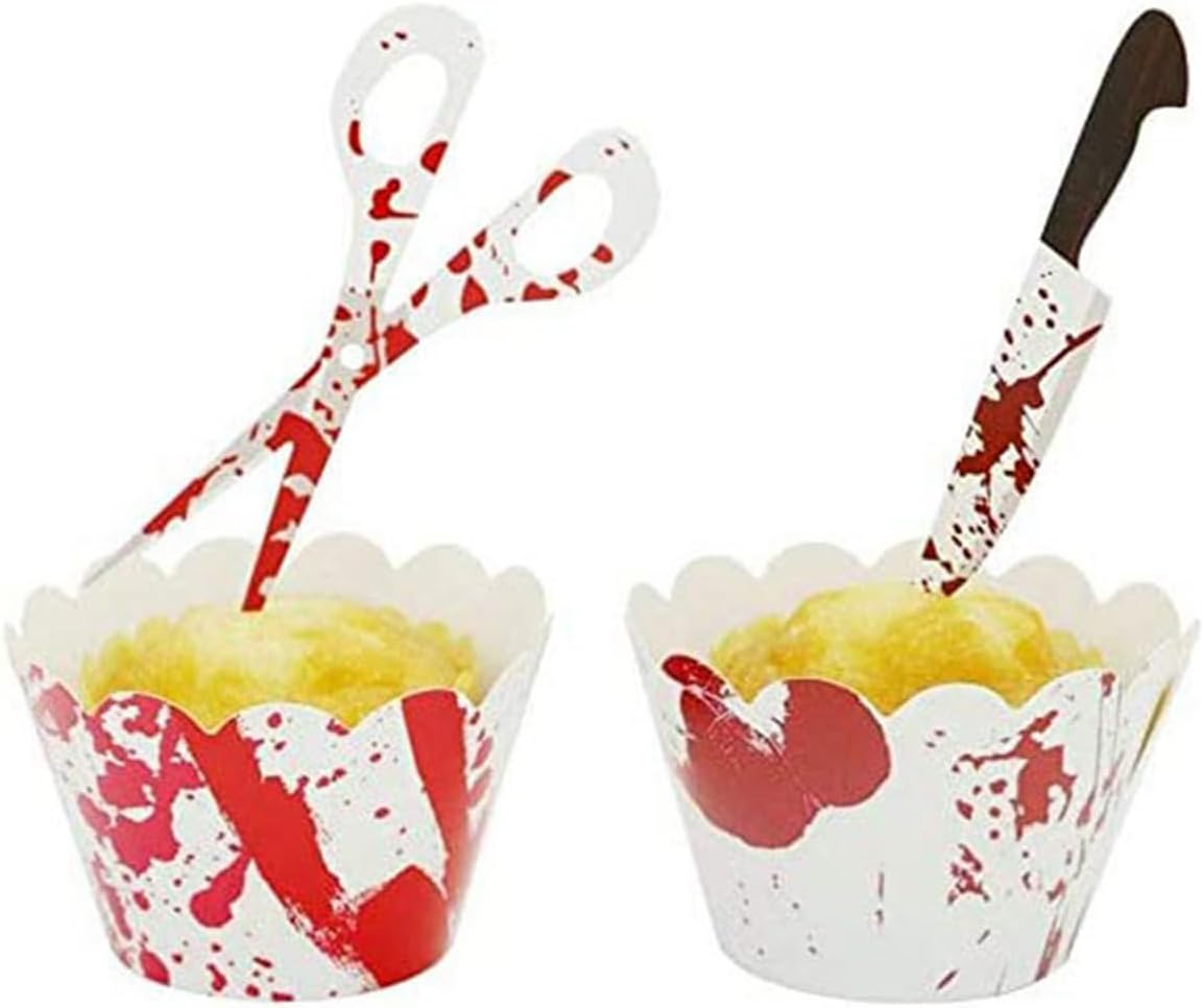 Dzrige Halloween Cupcake Toppers Wrappers Horror Cake Decoration Scary Bloody Knife Scissors Food Decor for Halloween Theme Party, Ghost Party, Birthday Party