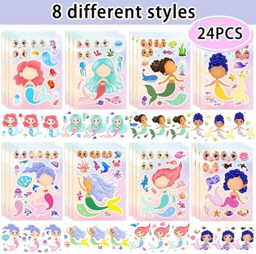24 Sheets 8.27''×5.9'' Make Your Own Mermaid Stickers for Kids Toddlers, Make a Face Stickers for Kids Party Favors Activities
