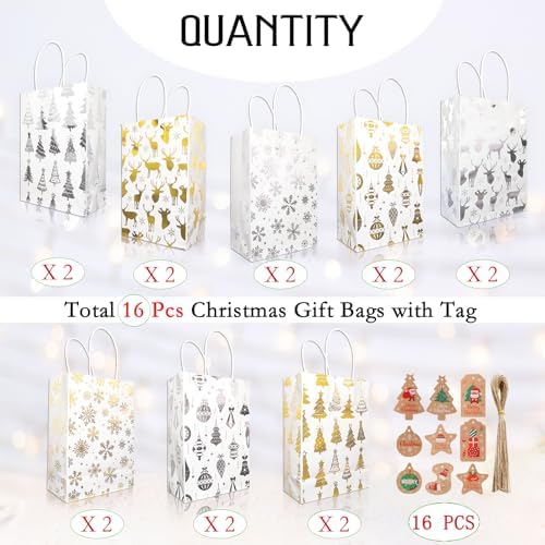 SPVLOAI 16 Pack Christmas Gift Bags Bulk, Small Size 8.3"x5.9"x3.2" Gold Foil Kraft Paper Bags with Handles for Xmas Birthday Shopping Wedding Party Favor Supplies (White)