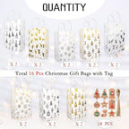 SPVLOAI 16 Pack Christmas Gift Bags Bulk, Small Size 8.3"x5.9"x3.2" Gold Foil Kraft Paper Bags with Handles for Xmas Birthday Shopping Wedding Party Favor Supplies (White)