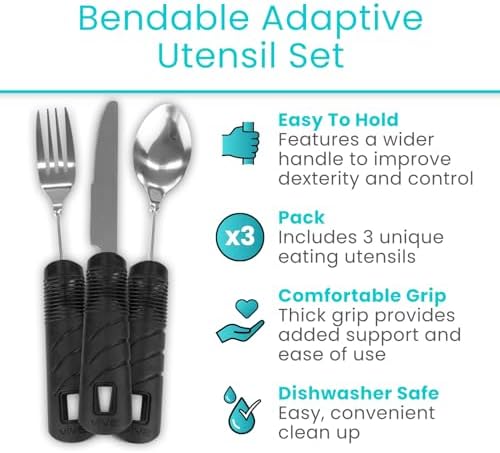 Vive Adaptive Utensil Set - Arthritis Aid Silverware for Parkinsons, Hand Tremors - Easy Grip for Shaking and Trembling Hands - Heavy Stainless Steel Spoon (Bendable)