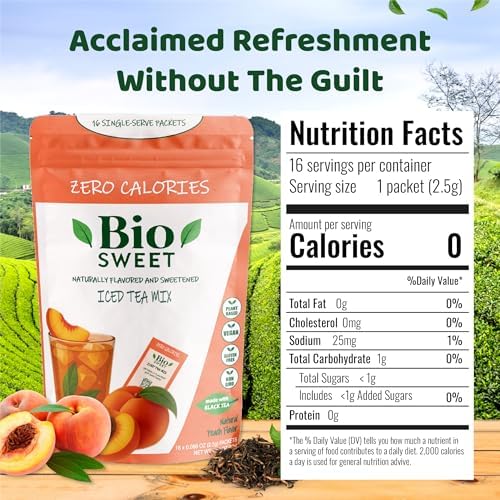 BioSweet Iced Tea Mixes - Peach Flavor | Zero Calorie Mix from Real Black Tea | Naturally Sweetened & Flavored | Non GMO, Gluten Free, Vegan (16 single-serve packets)