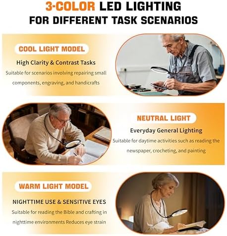 Hands Free Magnifying Glass with Light for Close Work, Neck Wear Magnifier for Reading Books, Sewing, Cross Stitch, Low Vision Seniors with Aging Eyes,5 Inch 5X & 10X Lighted Magnifying Glass