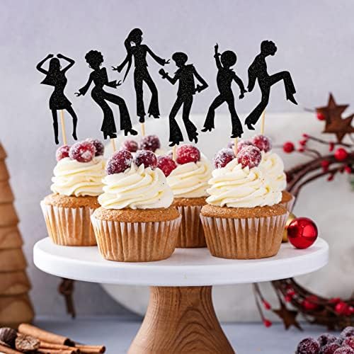 36 PCS 70's Disco Cupcake Toppers 80s Disco Dancing Cupcake Picks Glitter Dancer Cake Toppers for Music Disco Theme Wedding Anniversary Men Women Birthday Party Decorations Supplies (Black)