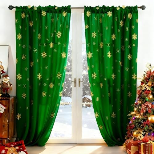 MikiUp Christmas Snowflakes Sheer Curtains, Gold Foil Printed Semi Sheer Drapes, Rod Pocket Xmas Decoration Window Treatment Panels for Bedroom Living Room, Green 52 x 84 inch