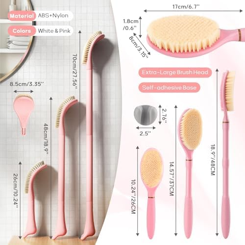 Foot Brush & Back Scrubber Set, 27.5'' Adjustable Foot Scrubber for Shower, 18.9'' Shower Back Scrubber with 3-Length Usage, Great Aid for People with Limited Mobility(Pink Set)