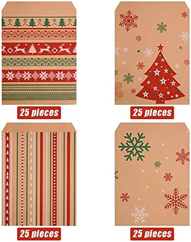 100 Pieces Christmas Kraft Treat Bags Holiday Goody Buffet Paper Bags for Xmas Party Supplies,4 Styles