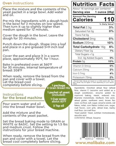 Molibake 8 Grain Bread Mix - All-Natural Multigrain Baking Mix for Bread Machine and Oven - 15 oz - Multigrain Grain Mix for with Flax, Millet & Rye - Easy-to-Use Breads Maker Mix for Homemade Baking