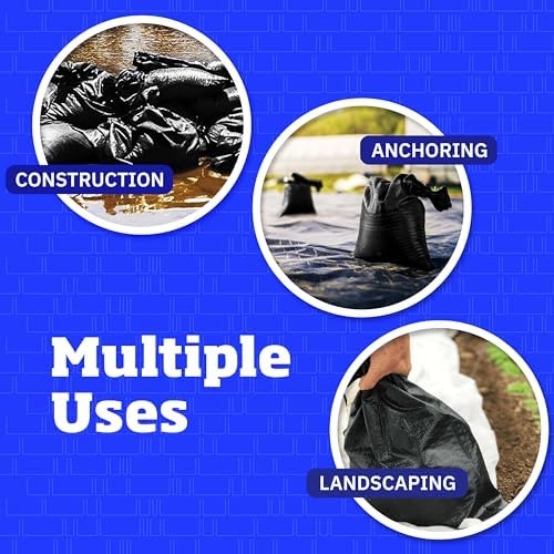 DURASACK Heavy Duty Sand Bags with Tie Strings Empty Woven Polypropylene Sand-Bags for Flood Control with 1600 Hours of UV Protection, 50 lbs Capacity, 14x26 inches, Black, Pack of 20