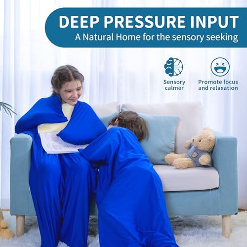 OUTREE Sensory Body Sock for Kids, Full Body Sock Provides Deep Pressure Input, Relaxing Sensory Toys for Autistic Children with A Carrying Bag (Medium 47''×27'' Blue)