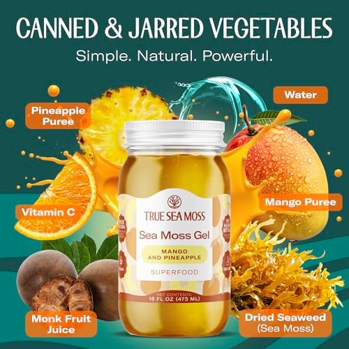 TrueSeaMoss Sea Moss Gel Mango Pineapple - Wildcrafted Seamoss Gel - 16 oz Glass Jar - Made in USA - Vegan - Non-GMO - Gluten-Free, Pack of 1 (Labels may Vary)