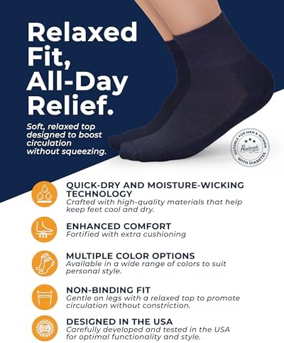 Pembrook Ankle Diabetic Socks for Women & Men | 6 Pairs | Wide Non Binding Socks Quarter Length | Edema Neuropathy Socks