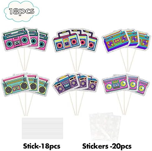 18Pcs Boombox Cupcake Toppers - 80s 90s Theme Party Decorations - Retro 90's 80’s Cake Picks - Happy Birthday Party Supplies