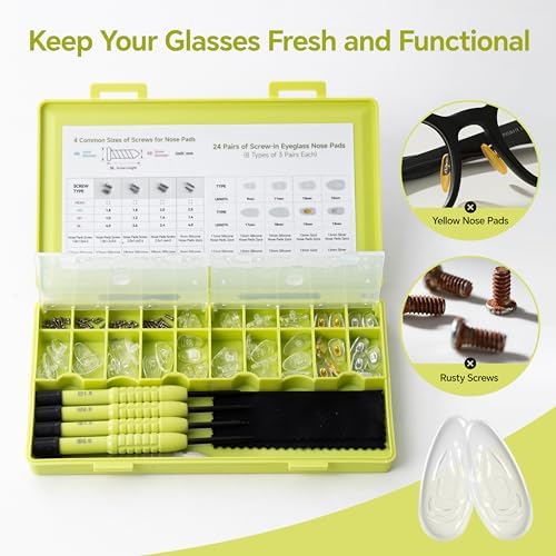 Eyeglass Nose Pads Replacement, 24 Pairs of Screw-in Glasses Nose Pads with Precision Screwdriver Set, Magnetic Eyeglass Repair Kit with Screws, Curved Tweezer for Travel, Birthday Gift, Christmas