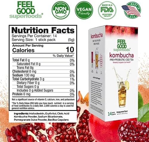 FeelGood Superfoods Kombucha Iced Tea Packets, Delicious Pomegranate Flavored Refreshing Instant Kombucha Powder Fizzy Drink, Probiotic Supplement for Gut Health, 14 pack