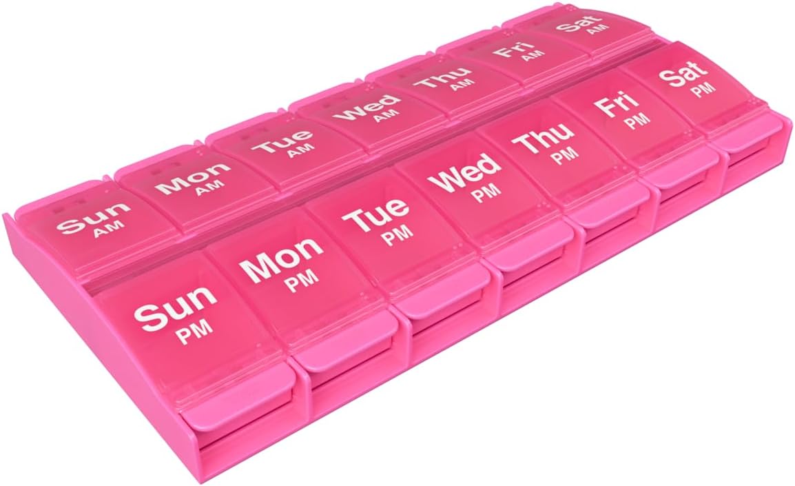 EZY DOSE Push Button (7-Day) Pill Case, Medicine Planner, Vitamin Organizer, 2 Times a Day, AM/PM Container, X-Large Compartments, Arthritis Friendly, Easy to Use, Transparent Lids, Pink, BPA Free