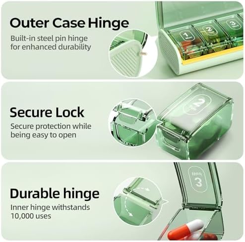 Weekly Pill Organizer,Portable 7 Day Pill Box,Moisture Proof Medicine Pill Organizer,Travel Pill Case with BPA-Free Material,Pocket-Size for Supplements & Vitamins (Green)