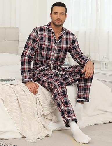 MoFiz Mens Pajama Set Soft Cotton Button Down Notched Collar Pjs Long Sleeve 2 Piece Sleepwear Lounge Nightwear with Pocket