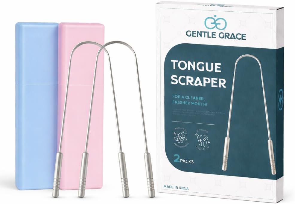 2 Pack Stainless Steel Tongue Scraper with Travel Cases – 304 Metal Tongue Cleaner for Bad Breath, Oral Care Tool for Adults & Teens – Reusable, Rust-Resistant by GENTLE GRACE