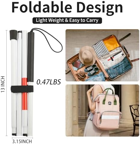 Folding Blind Cane Reflective Red Folding Walking Stick for Vision Impaired and Blind People, Lightweight, Non-Slip (52inch)