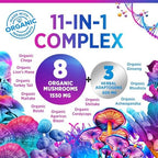 Mushroom Powder Supplement - 11-in-1 Blend - Organic Lions Mane, Reishi, Cordyceps, Chaga, Turkey Tail Mushroom Extract Powder - Brain & Immune Support Mushrooms Powder - Bottled in USA - 60 Servings