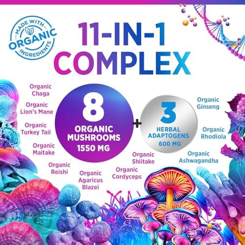 Mushroom Powder Supplement - 11-in-1 Blend - Organic Lions Mane, Reishi, Cordyceps, Chaga, Turkey Tail Mushroom Extract Powder - Brain & Immune Support Mushrooms Powder - Bottled in USA - 60 Servings