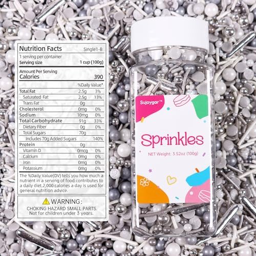 Silver Sprinkles for Cake Decorating, White Silver Sprinkles Mix for Cupcakes Toppers, Ice Cream, Cookie, 3.52oz