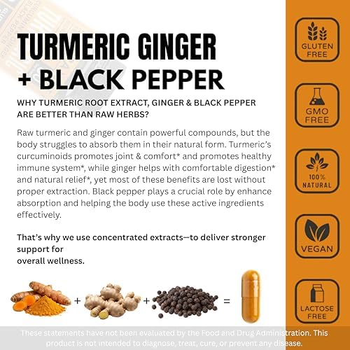 4 in 1 Organic Turmeric Capsules High Strength and Black Pepper with Active Curcumin with Ginger 1500mg - Advanced Tumeric - Each 90 Veg Capsule (3 Capsules per Serving)