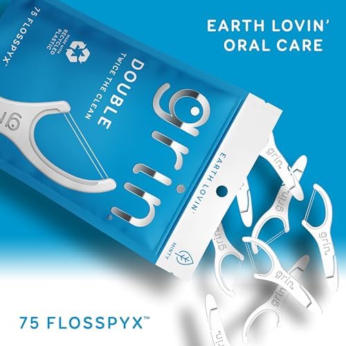 GRIN Double Flosspyx, Floss Picks, 75 Count, Dental Flossers, Minty Flavor, Recycled Plastic, 2 Lines of Strong Floss, Longer Floss Head, Traps Food and Plaque, Includes Safe Soft Fold-Back Tooth Pick