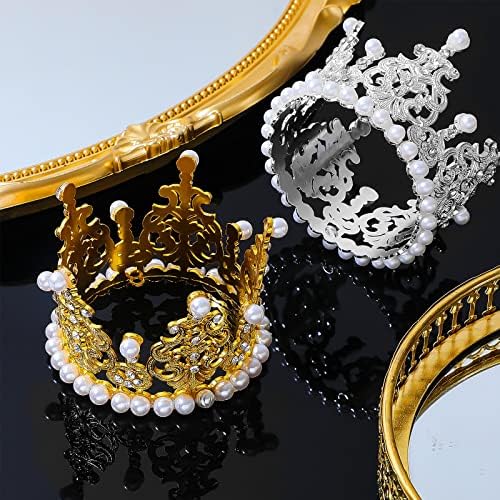 6 Pcs Crown Cake Topper Artificial Pearl Rhinestone Small Tiara Cake Topper Crowns for Decoration Birthday Wedding Baby Shower Party(Silver, Gold)