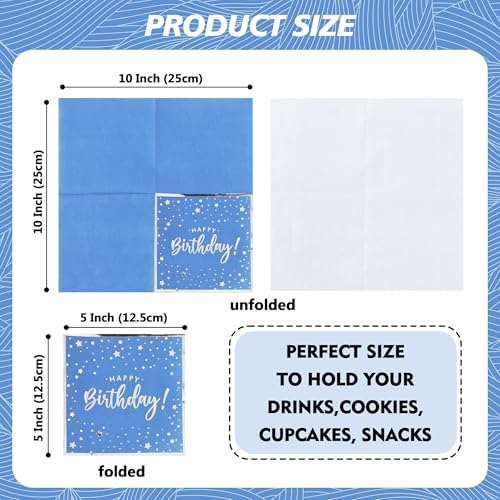 Vuzvuv 52 Pack Happy Birthday Cocktail Napkins with Confetti Silver Stamping - Birthday Party Dinner Hand Napkin for Party Supplies Decorations Table Decor for women man(5" Folded 3 Ply-Blue)