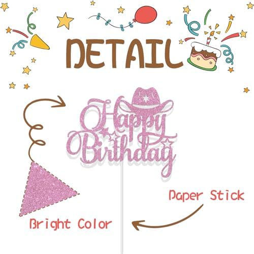 Pink Glitter Happy Birthday Cake Topper Western Theme Party Decorations Cowboy Cowgirl Bday Baby Shower Party Supplies