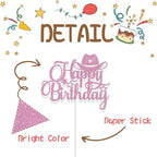 Pink Glitter Happy Birthday Cake Topper Western Theme Party Decorations Cowboy Cowgirl Bday Baby Shower Party Supplies