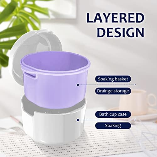Denture Case, Denture Bath, Denture Cups for Soaking Dentures, Denture Brush with Case, Denture Bath with Rinsing Basket, Easy to Carry and Clean Retainer Case Denture Cleaning kit