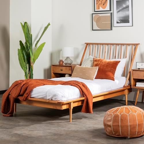 Walker Edison Mid Century Modern Solid Wood Spindle Platform Bed Headboard Footboard Bed Frame Bedroom, Twin, Caramel