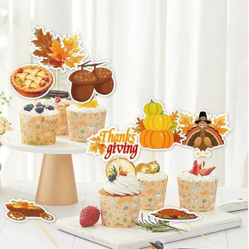 24 Pcs Thanksgiving Day Decoration Cupcake Toppers, Fall Theme Turkey Maple Leaf Pumpkin - Cake Picks for Thanksgiving Party Supplies (Mixed B)