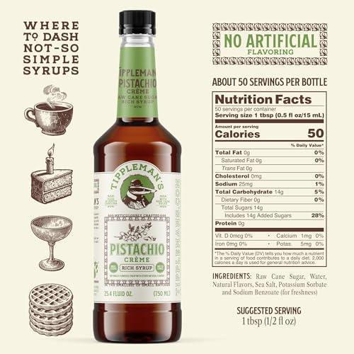 Tippleman's Pistachio Créme Coffee Syrup - Made with Raw Cane Sugar - No Green Artificial Coloring - Perfect for Lattes & Cold Brew, Fits Pump - 750ml
