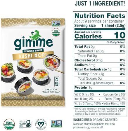 Gimme Seaweed Sushi Nori Premium Organic Roasted Seaweed Sheets, Keto, Vegan, Gluten-Free, Restaurant-style Sushi Nori Sheets 0.81 Ounce (Pack of 1)