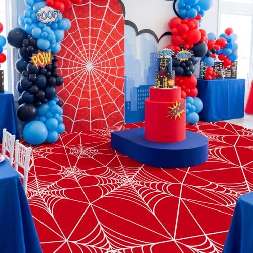 Spider Party Decorations Red Spiderweb Floor Covering Large Spider Birthday Decorations with Double Sided Tape Waterproof Spiderweb Birthday Supply Photo Booth Party Backdrop, 9.8 x 6.5ft