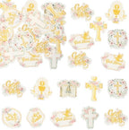 Gyufise 48Pcs Edible Baptism Cupcake Toppers Wafer Paper God Bless Cross Cupcake Picks First Holy Communion Christening Confirmation Religious Cupcake Picks for Baptism Party Decorations Pink